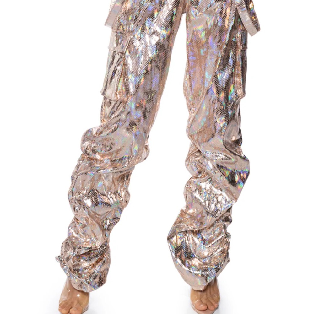 AKIRA Iridescent Holographic Cargo Pants - Rose Gold